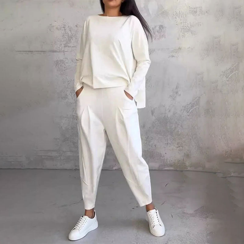 Mode, Freizeit Langarm mit rundem Hals & Hose 2-teiliger Set