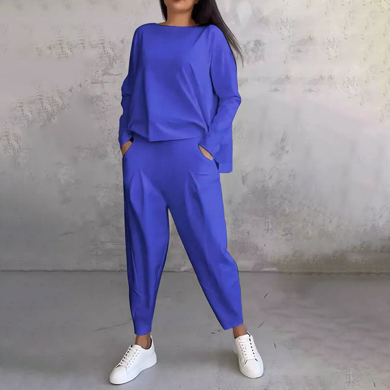 Mode, Freizeit Langarm mit rundem Hals & Hose 2-teiliger Set