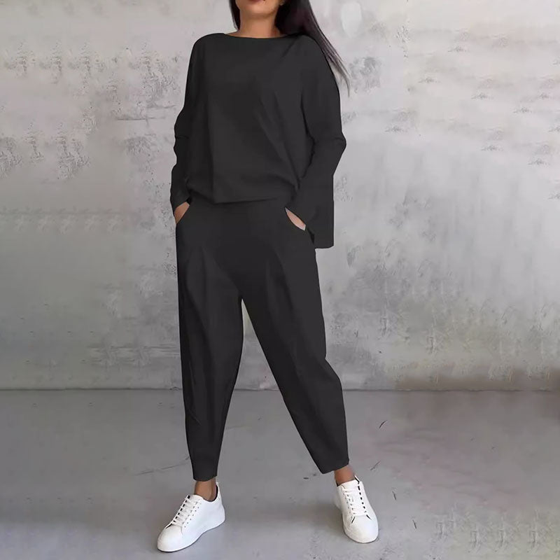 Mode, Freizeit Langarm mit rundem Hals & Hose 2-teiliger Set