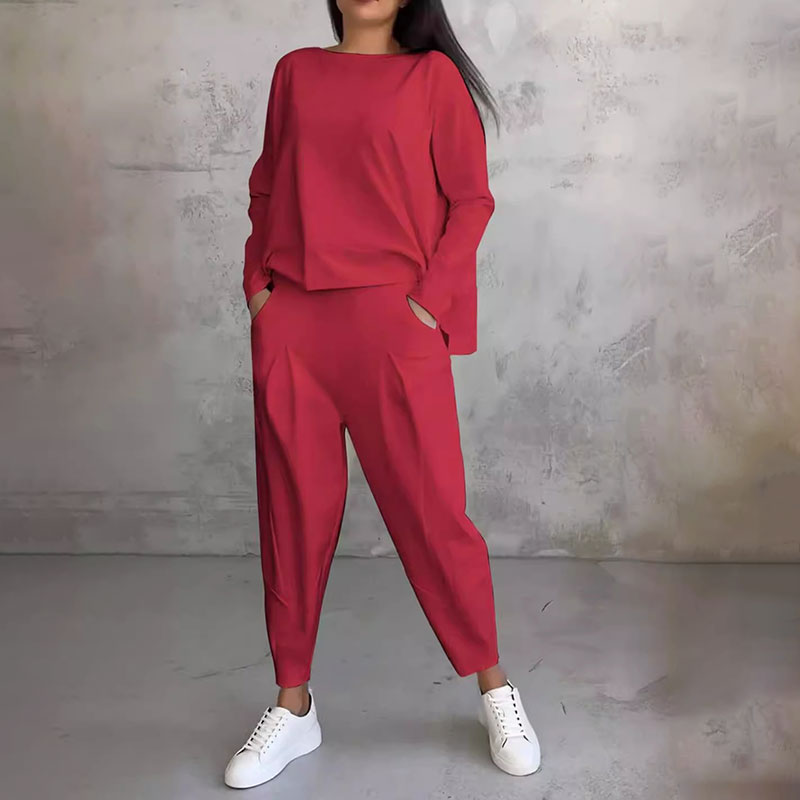 Mode, Freizeit Langarm mit rundem Hals & Hose 2-teiliger Set