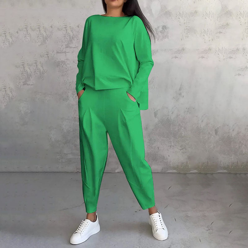 Mode, Freizeit Langarm mit rundem Hals & Hose 2-teiliger Set