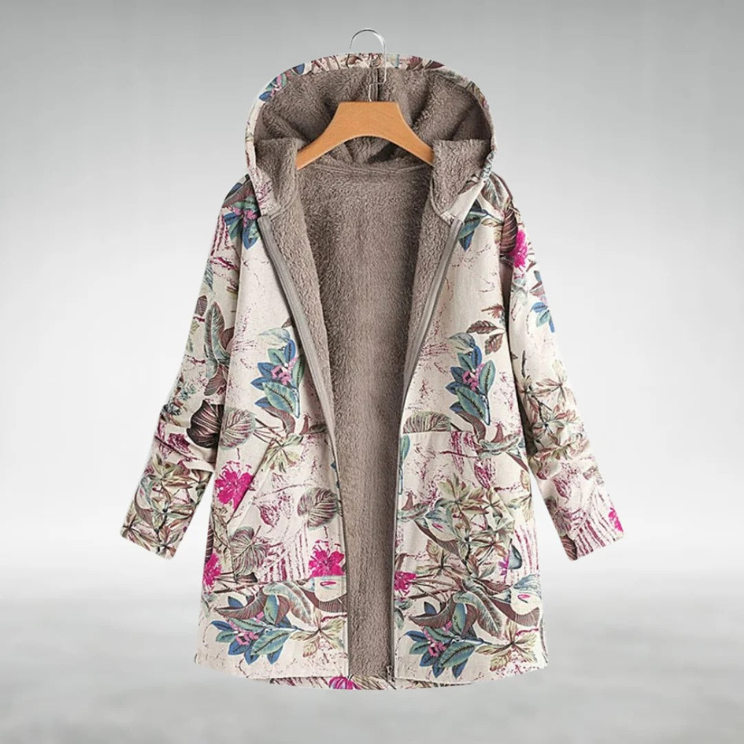 Fleur | Geblümter Fleece-Mantel mit Kapuze